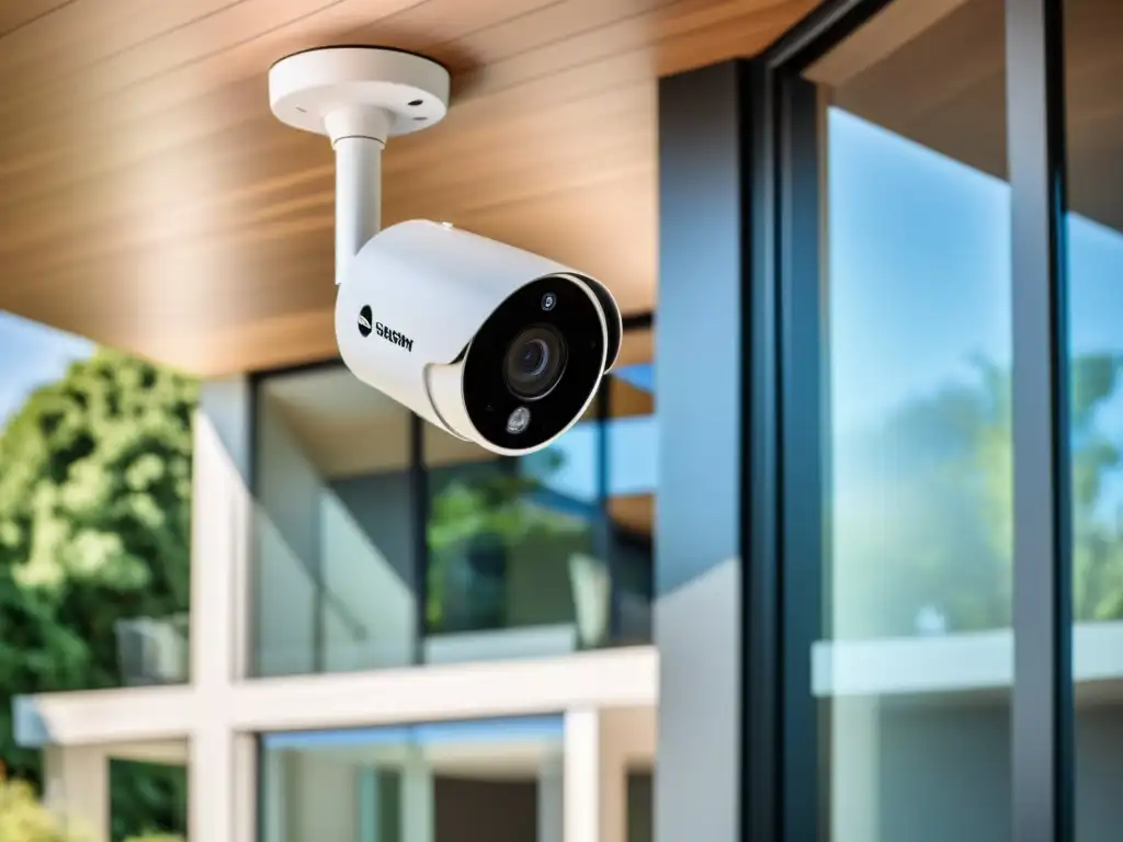 Avanzado sistema de videovigilancia doméstica con inteligencia artificial, cámaras compactas y 8K de resolución en una casa contemporánea