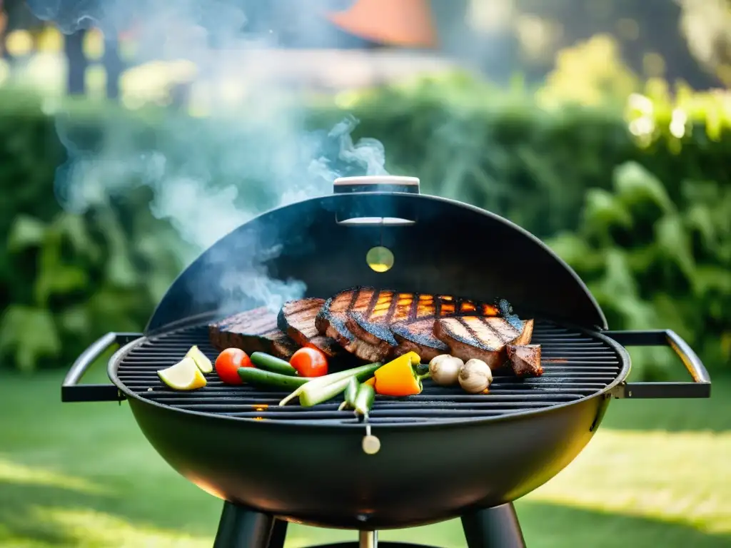 Parrillada al aire libre con humeante carbón y comida sabrosa Una barbacoa de carbón tradicional en un entorno natural, con carne y verduras sizzling en la parrilla