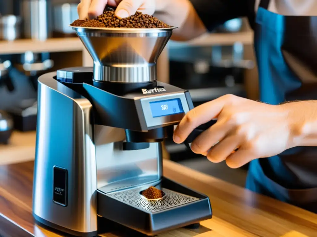 Barista ajustando el molinillo Baratza Encore: precisión y estilo Un barista ajusta con cuidado el molinillo de café Baratza Encore, destacando su diseño moderno