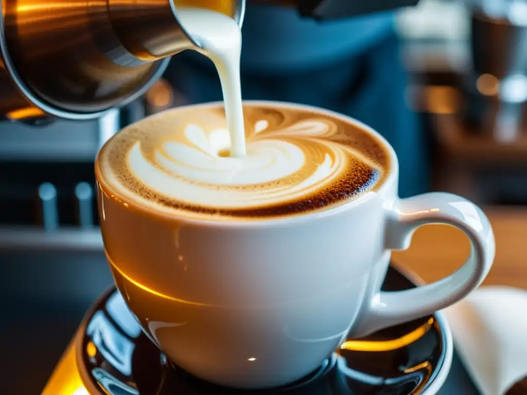 Maestría en Arte del Café: Rosetta de Leche y Espresso Un barista vierte con maestría la leche vaporizada en un espresso oscuro, creando una hipnótica espiral de colores