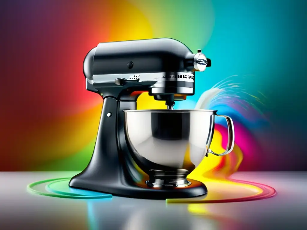 Batidora de cocina negra mezclando masa de colores Un batidor de repostería negro mate mezcla una colorida masa de pastel en una cocina moderna, destacando la tecnología en batidoras de repostería