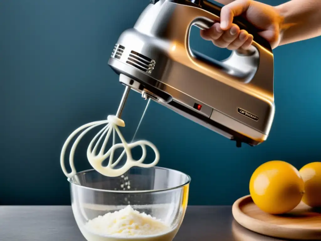 Un batidor tradicional en acción, mezclando en un tazón de vidrio
