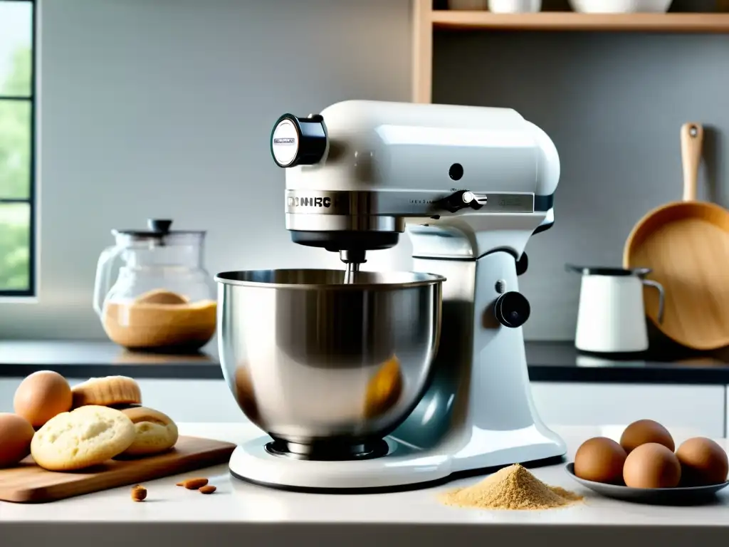Batidora de alto rendimiento en una cocina blanca con luz natural, creando una mezcla perfecta de ingredientes