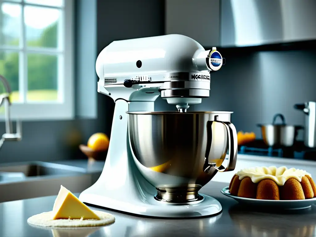 Batidora de alto rendimiento para repostería mezclando una masa esponjosa en una cocina blanca y elegante, iluminada por luz natural