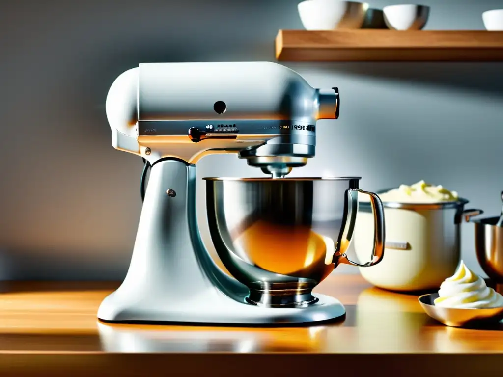 Una batidora de alto rendimiento para repostería en una cocina elegante, batiendo suavemente nata montada en un entorno profesional y sofisticado