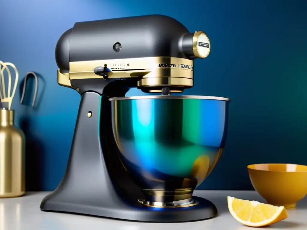 Mezcladora negra mate con adhesivos personalizados en azul, verde y oro Batidora personalizada con adhesivos pintados en azul, verde y dorado, destacando sobre fondo blanco
