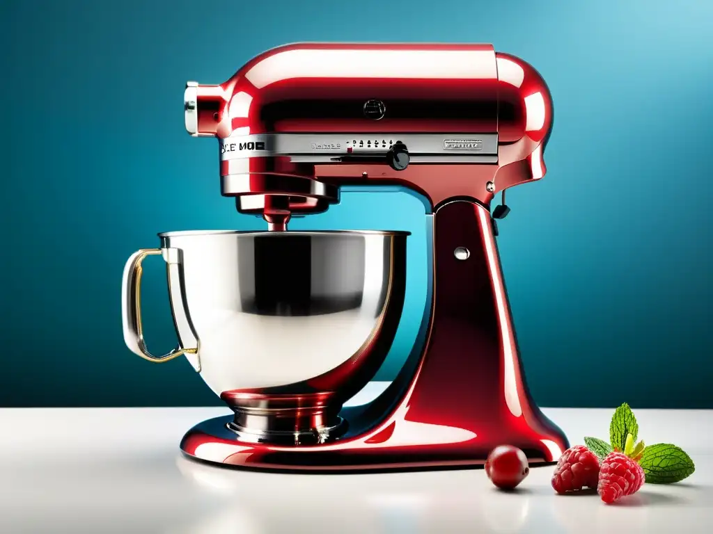 Mixer de Cocina Moderno y Vibrante con Ingredientes Frescos Batidora de repostería de alta tecnología rodeada de ingredientes frescos y vibrantes, fusionando innovación y tradición en la cocina