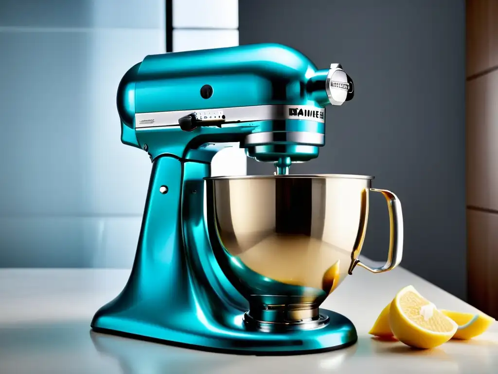 Mixer de alta tecnología en acción: precisión y sofisticación Batidora de repostería con tecnología avanzada, batiendo masa esponjosa en una cocina futurista de alta tecnología