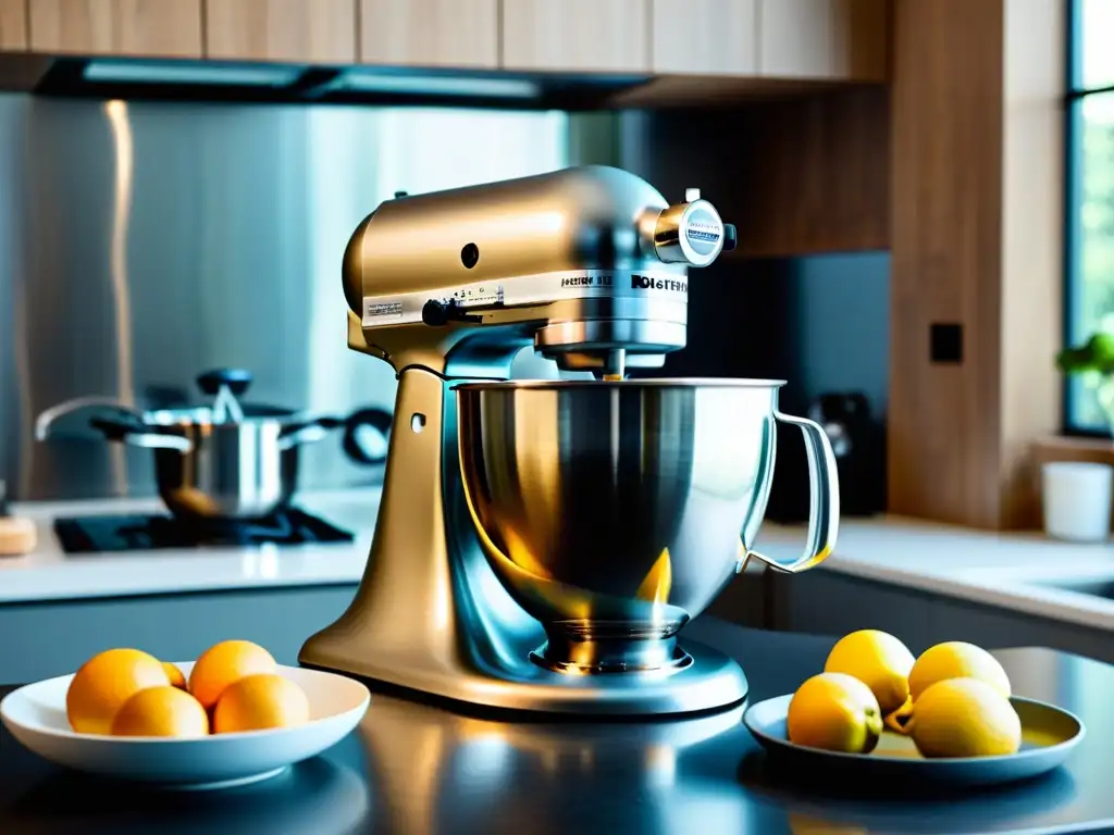 Mixer digital de alta gama en cocina moderna Una batidora de repostería con tecnología avanzada y diseño moderno, iluminada por luz natural en una cocina elegante