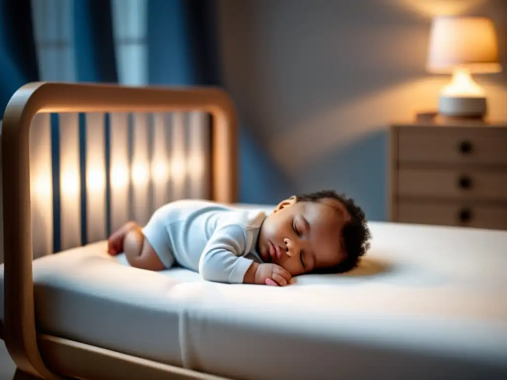 Un bebé duerme pacíficamente en un moderno monitor Nanit Plus, con iluminación suave y un acogedor ambiente de guardería