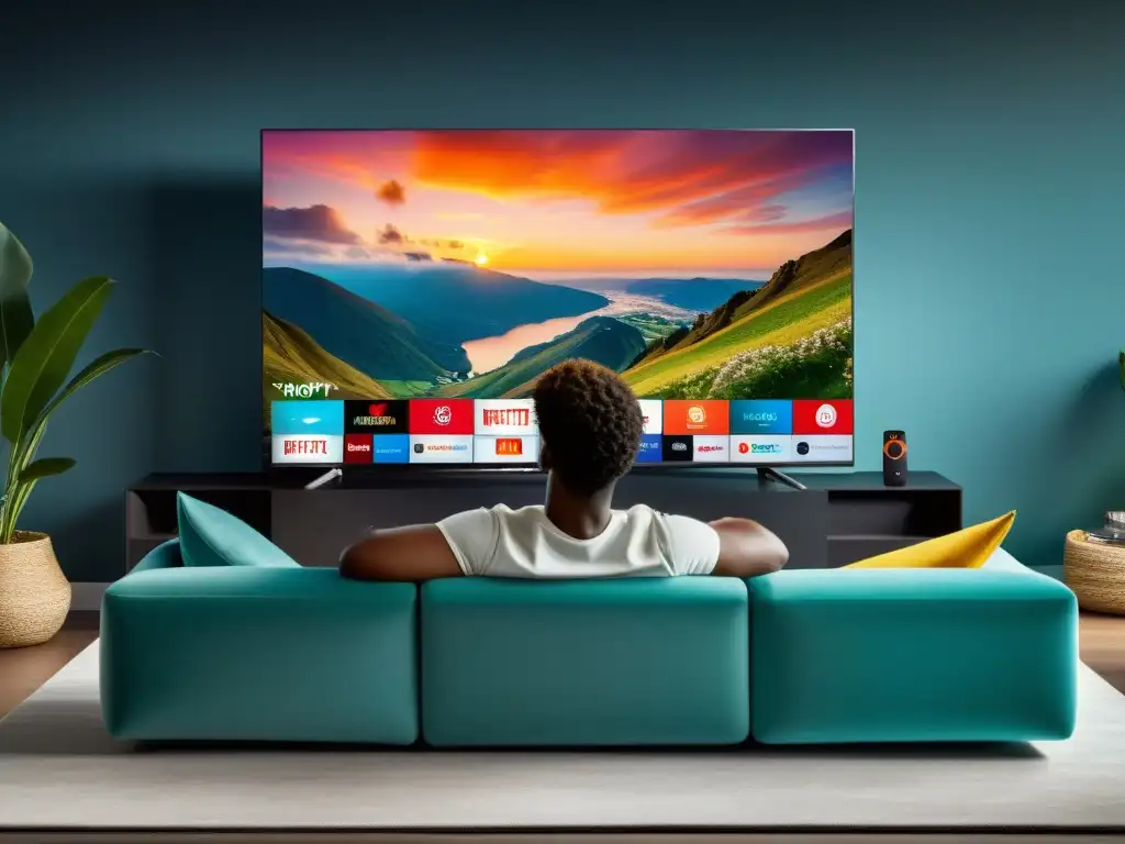 Disfruta de los beneficios de comprar una TV Smart en un ambiente lujoso y moderno con una persona controlando el televisor desde un sofá cómodo