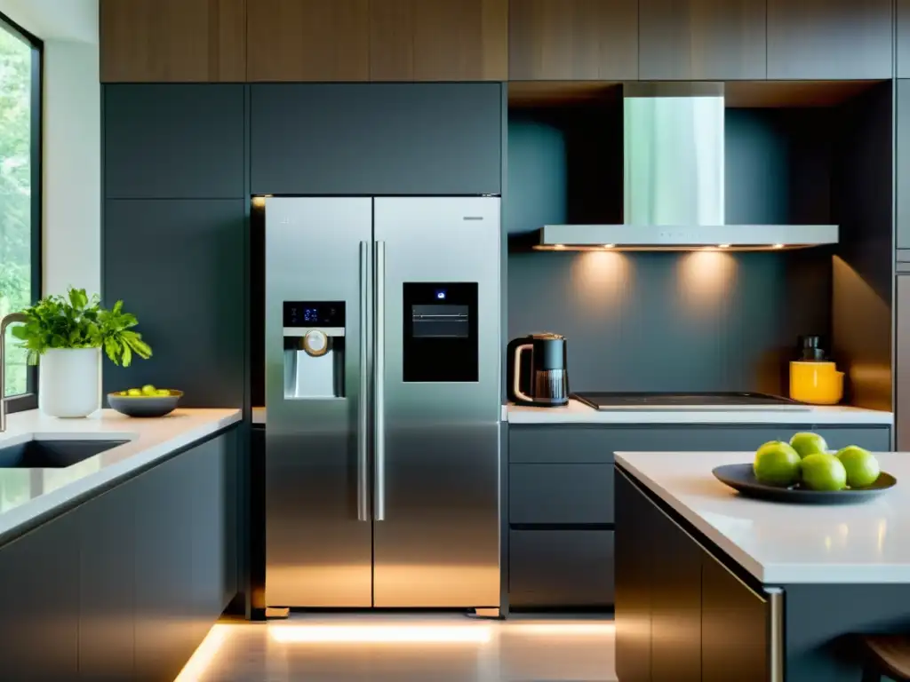 Cocina moderna con electrodomésticos 5G conectados Beneficios de la conectividad 5G en moderna cocina con electrodomésticos de acero inoxidable conectados y sistema domótico integrado