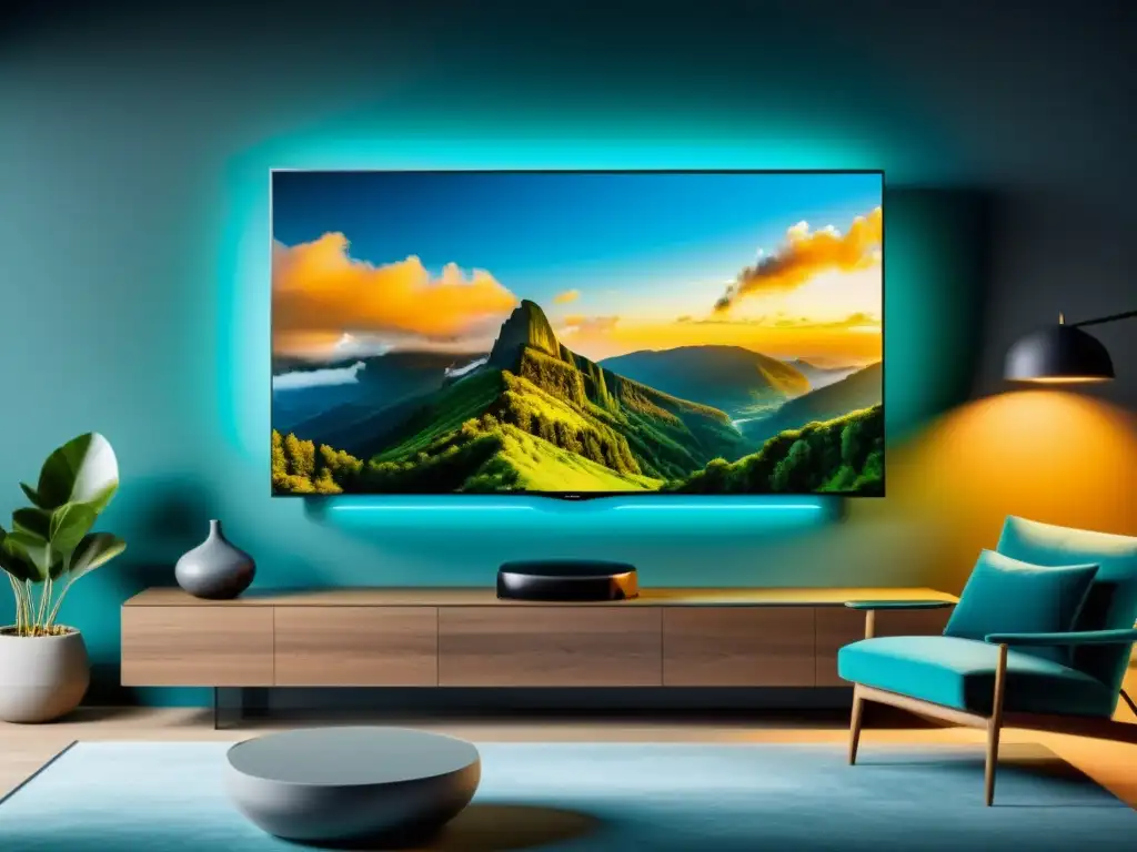 Disfruta los beneficios de comprar una TV Smart en un moderno y acogedor salón con una escena natural vibrante en un elegante televisor OLED de 8K