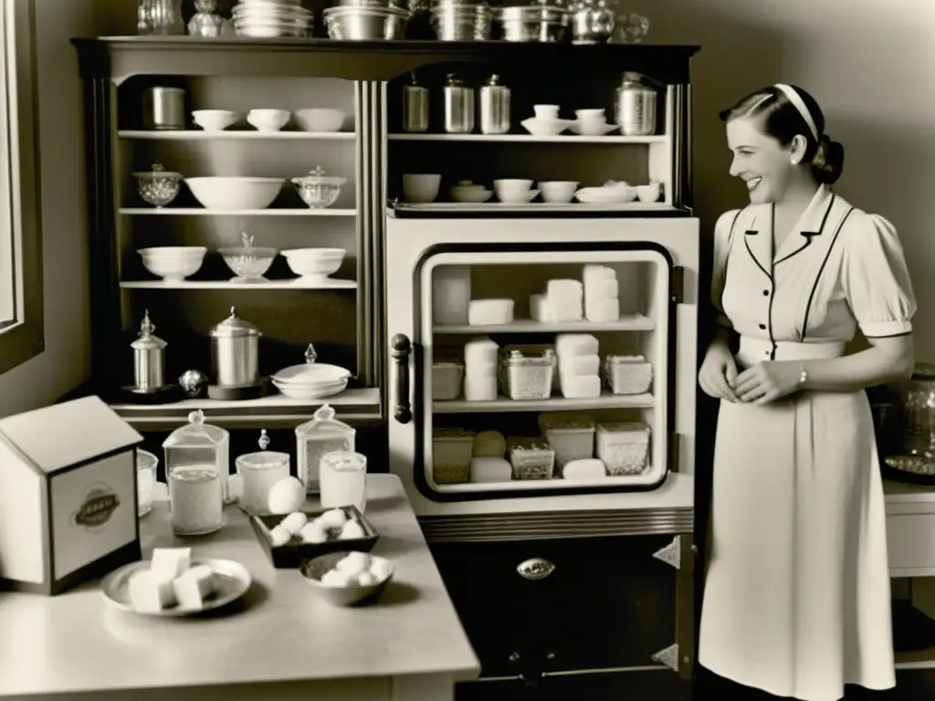 Cocina de los años 20 con nevera de hielo y familia sonriente Una fotografía en blanco y negro de una cocina de los años 20 con una familia sonriente reunida alrededor de un refrigerador de hielo, mostrando la historia de la refrigeración en hogares
