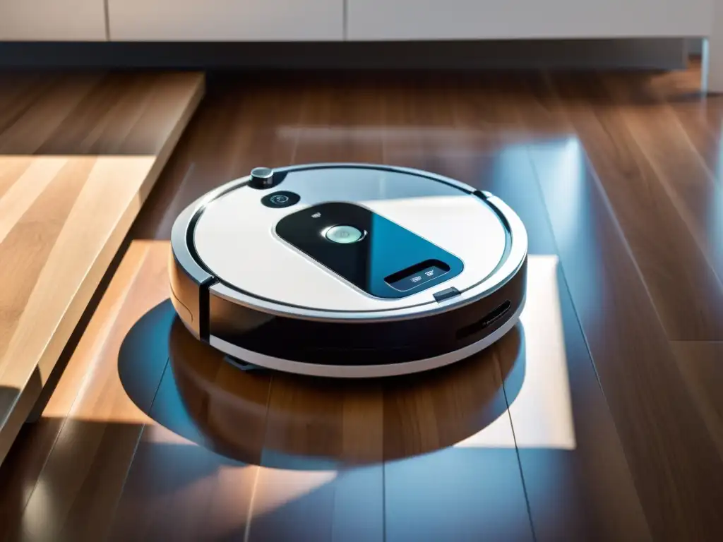 Robot aspirador blanco brillante en un salón minimalista Robot doméstico blanco con pantalla LED, barriendo un suelo de madera en un salón minimalista