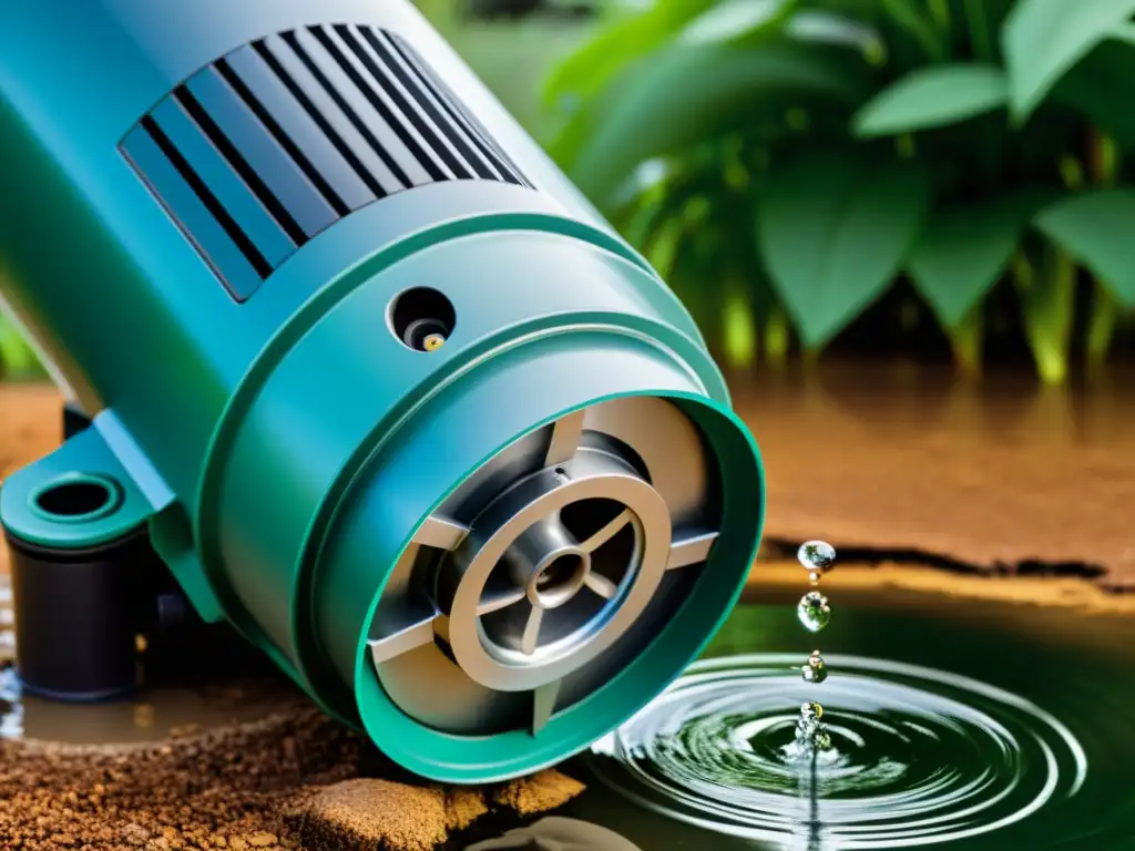 Potente bomba sumergible: drenaje eficiente en acción Una bomba de agua sumergible eficiente en acción, destacando su diseño moderno y capacidad de drenaje en áreas inundadas