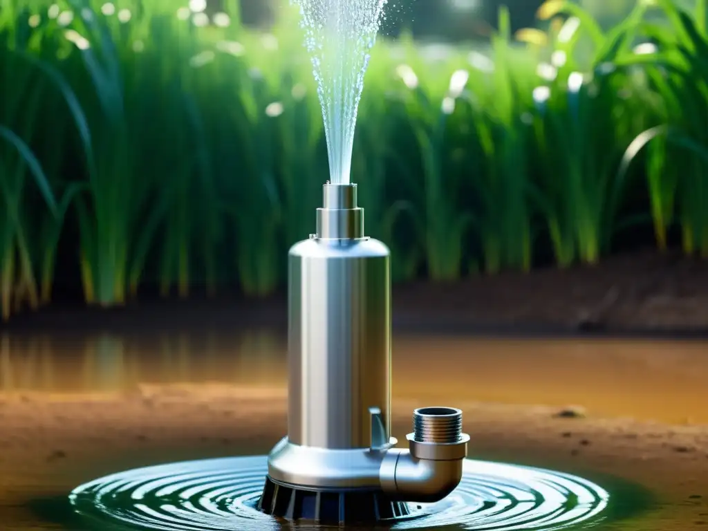 Bomba sumergible de alta potencia drenando con chorro Una bomba de agua sumergible eficiente drena el agua con un poderoso chorro en un área inundada, destacando su eficacia en condiciones desafiantes