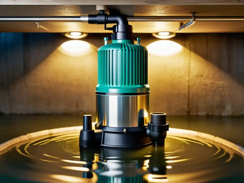 Potente bomba sumergible drenando agua en sótano inundado Bombas de agua sumergibles eficientes drenando agua en un sótano inundado con potentes corrientes, iluminadas con luz profesional