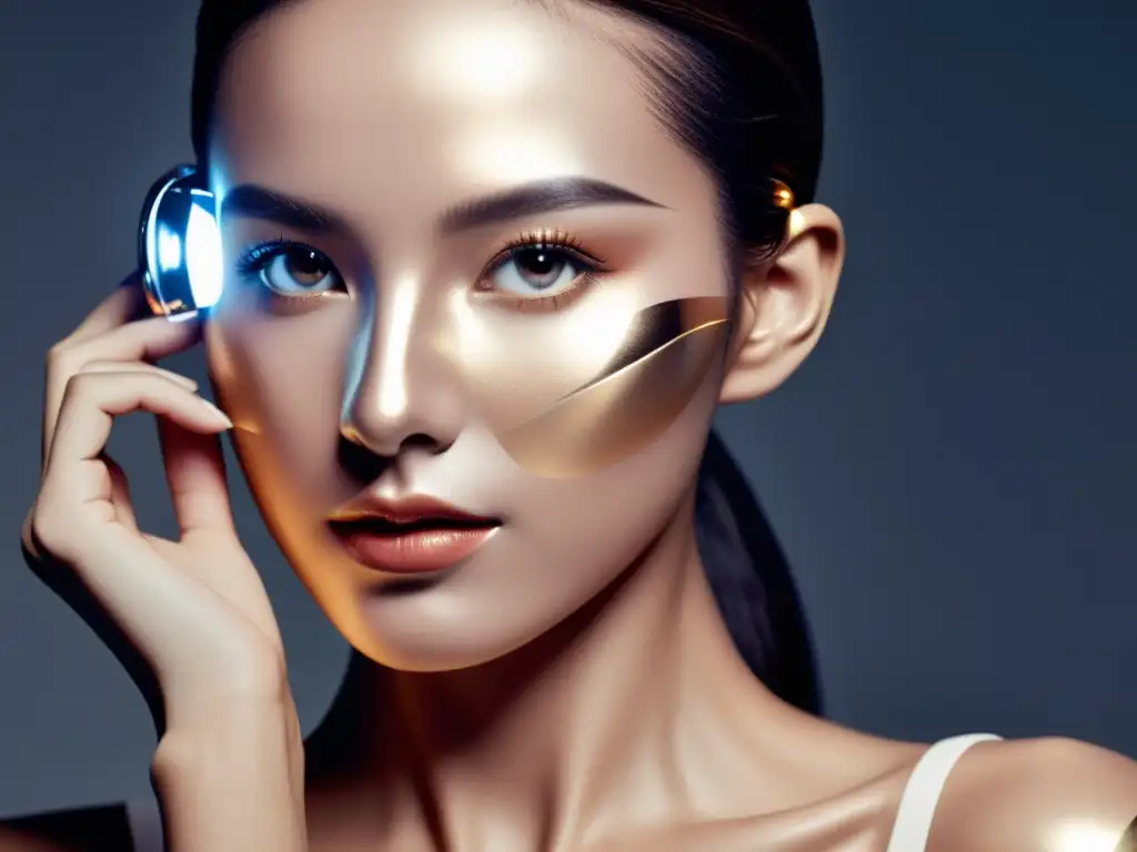 Aplicación de mascarilla facial con brazo robótico: lujo tecnológico Un brazo robótico metálico aplica una mascarilla facial a una modelo serena