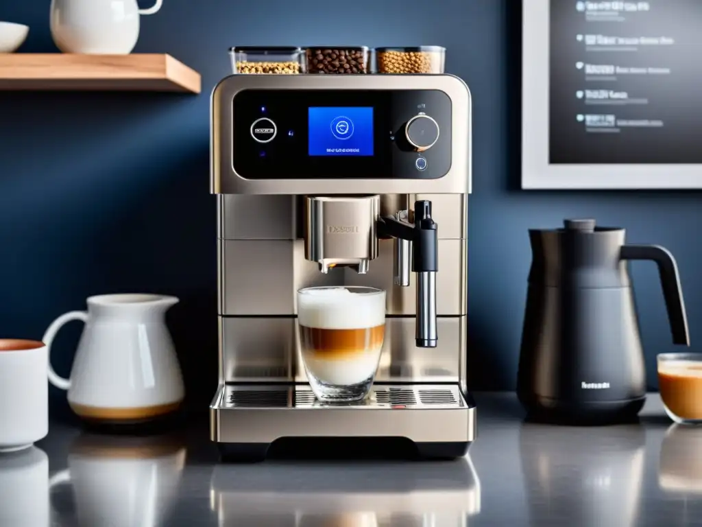 Una cafetera de alta tecnología con personalización, en un elegante entorno minimalista, transmitiendo la experiencia de hacer café en casa