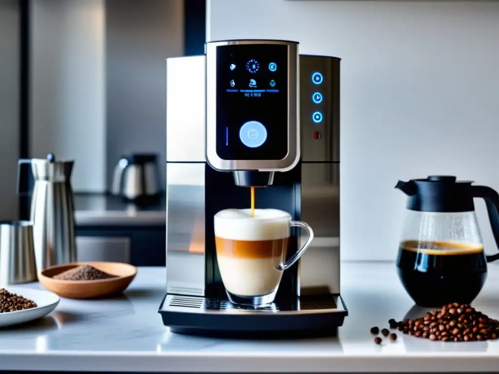 Máquina de café de alta tecnología en cocina moderna Una cafetera de alta tecnología en una cocina contemporánea, rodeada de café recién molido, tazas y jarra para espumar leche
