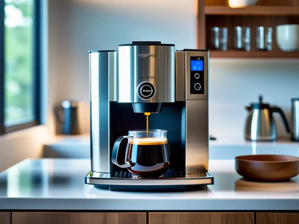 Cafetera de acero inoxidable: fusión de tecnología y tradición Una cafetera de alta tecnología con detalles de acero inoxidable, iluminada por la cálida luz de la mañana