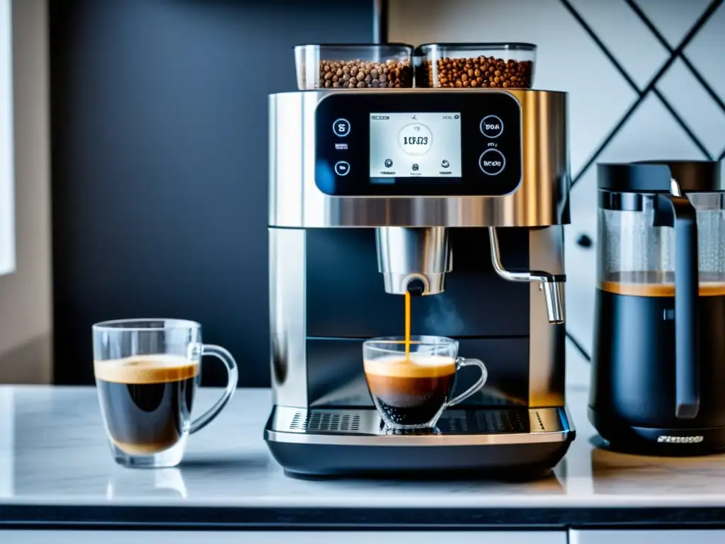 Máquina de espresso moderna: lujo en tu cocina con un solo toque Una cafetera de alta tecnología en un elegante entorno blanco, con granos de café, espumador y una taza de espresso
