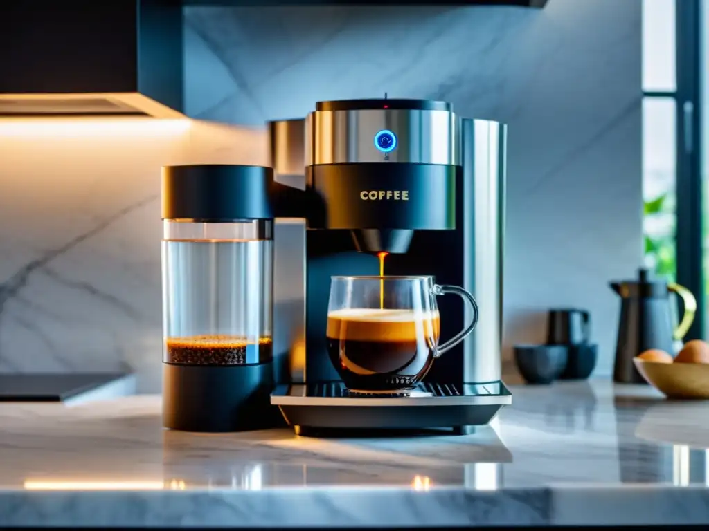 Cafetera de alta tecnología en la mañana soleada Una cafetera de alta tecnología en un entorno moderno y sofisticado con luz matutina cálida y vapor de café