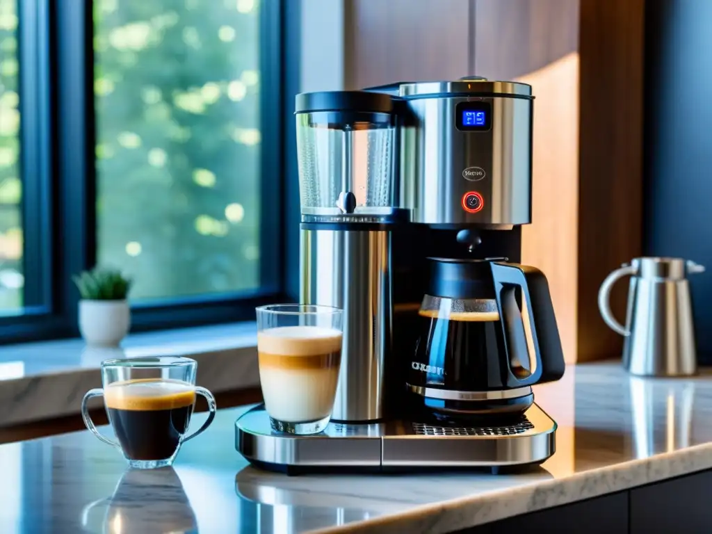 Cafetera de lujo con pantalla táctil y café recién hecho en jarra de vidrio Una cafetera de alta tecnología con pantalla táctil, acero inoxidable y luces LED iluminando el café recién hecho en una jarra doble de vidrio
