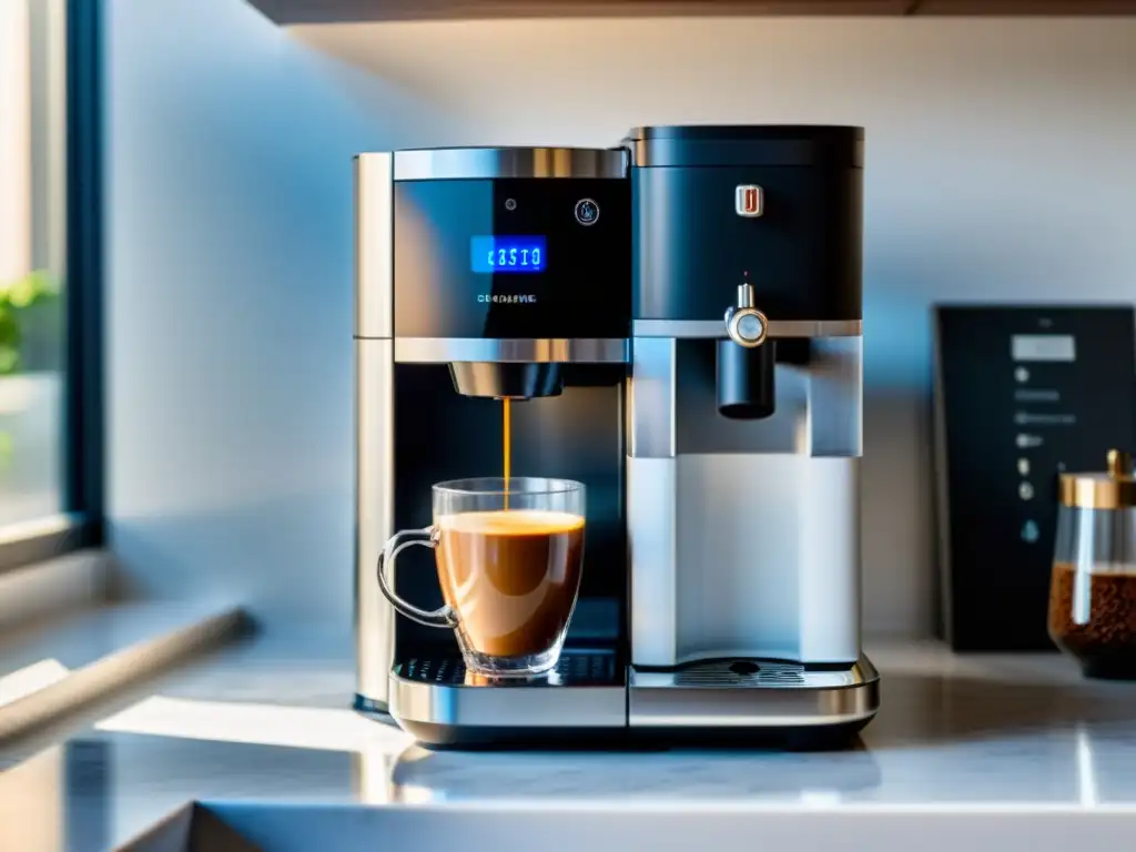 Cafetera automática de diseño moderno en encimera blanca Una cafetera automática de diseño moderno en una encimera blanca impecable, iluminada por la luz del sol