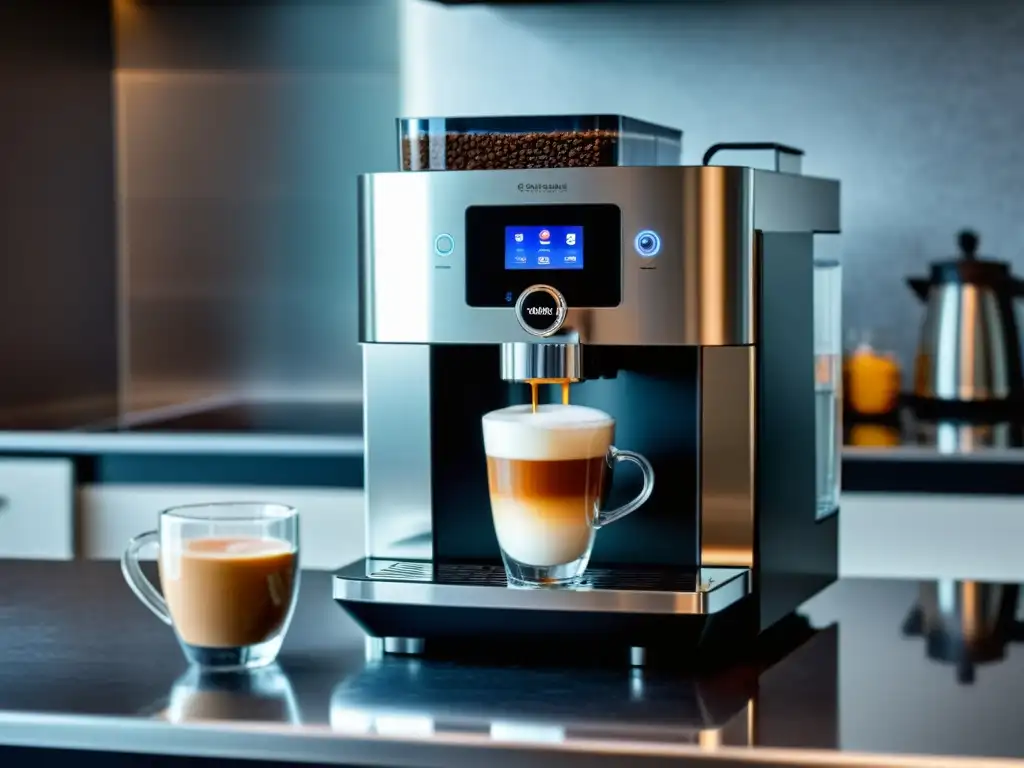 Máquina de café automática: sofisticación y facilidad en tu cocina Una cafetera automática moderna con diseño metálico elegante, LED, controles táctiles y vaporizador de leche