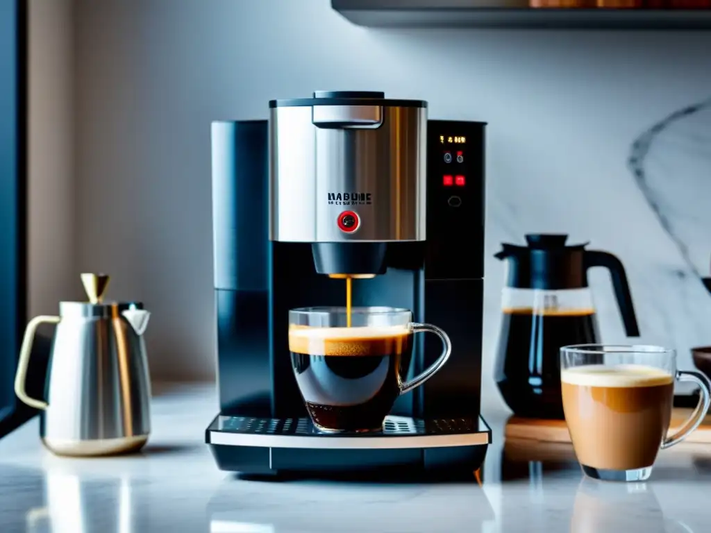 Una cafetera automática moderna y elegante en una encimera blanca, con una taza de café humeante al lado