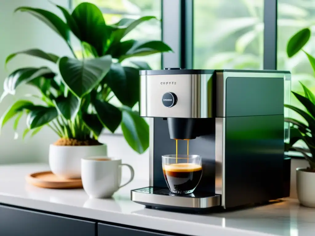 Una cafetera automática moderna y elegante en una encimera blanca, rodeada de exuberantes plantas verdes y bañada por suave luz matutina
