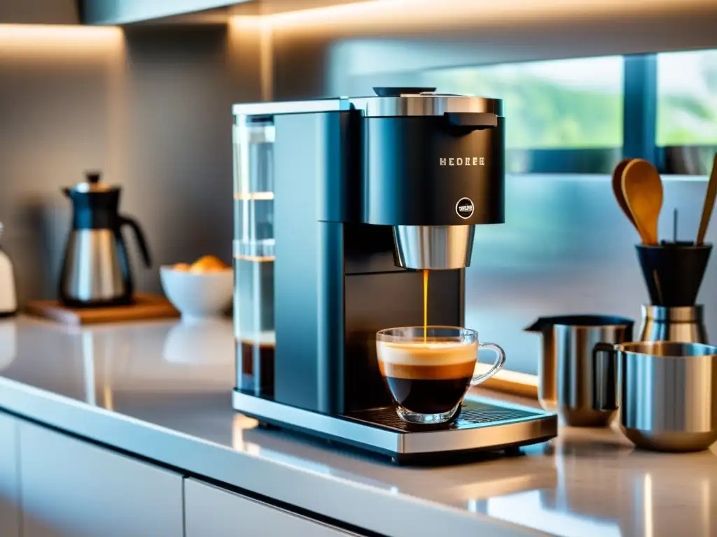 Una cafetera automática moderna y elegante en una encimera blanca, bañada por la luz del sol, con una taza de café humeante al lado
