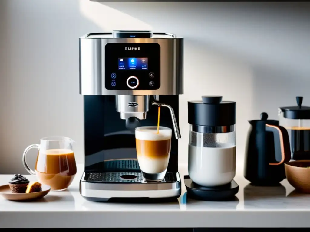 Máquina de café automática: elegancia y modernidad en tu cocina Una cafetera automática moderna y elegante en una encimera blanca, con una taza humeante de café al lado