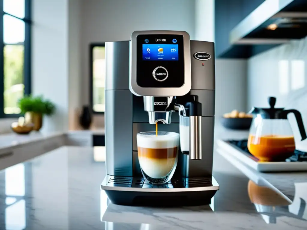 La elegancia del De'Longhi Dinamica: Espresso perfecto en casa Una cafetera De'Longhi Dinamica en mármol blanco, con panel táctil vibrante y vapor sedoso