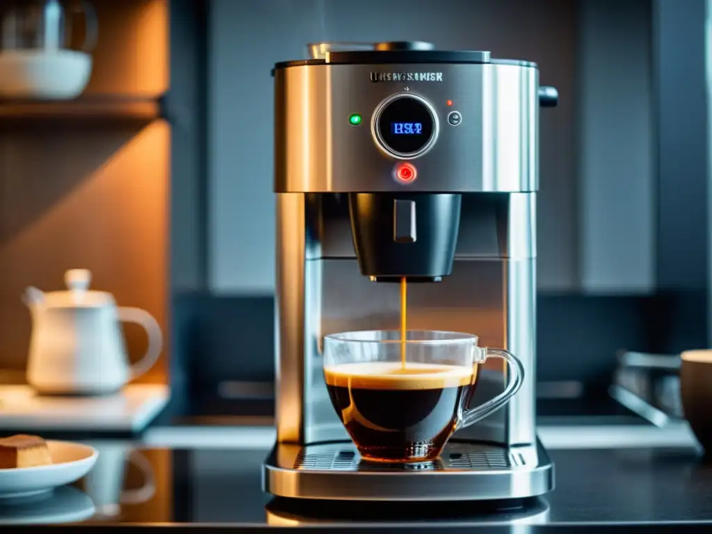 Cafetera de filtro avanzado en cocina moderna Una cafetera con filtros avanzados capturada en alta resolución, con una estética minimalista y tecnología de vanguardia en una cocina contemporánea