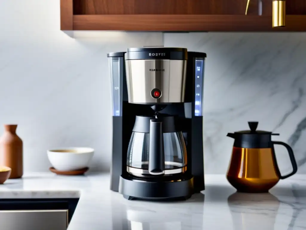 Cafetera moderna en cocina minimalista Cafetera con filtros avanzados en cocina minimalista, listo para disfrutar de café recién hecho al sol de la mañana