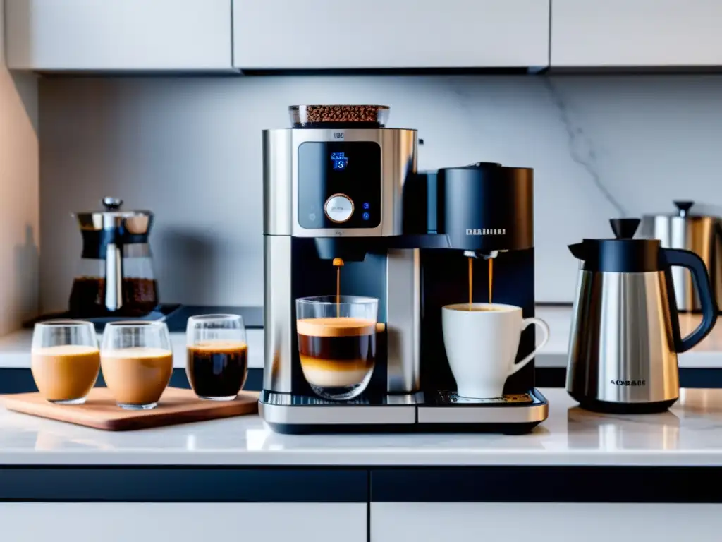 Cafetera inteligente de lujo en cocina moderna Una cafetera inteligente de diseño moderno en una cocina blanca impecable
