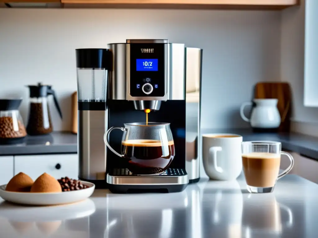 Cafetera inteligente: elegancia moderna en la cocina Una cafetera inteligente para el hogar en una cocina moderna y elegante, con granos de café, jarra de leche y tazas de café