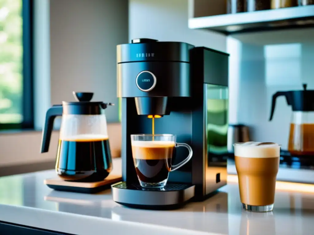 Cafetera inteligente moderna y elegante con café recién hecho Una cafetera inteligente para el hogar en un entorno minimalista y elegante, con una taza de café humeante al lado