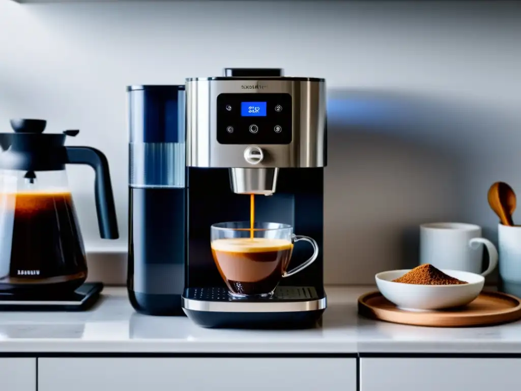 Cafetera inteligente de diseño elegante y aroma exquisito Cafetera inteligente para el hogar: moderna y elegante, con café recién hecho y un ambiente acogedor
