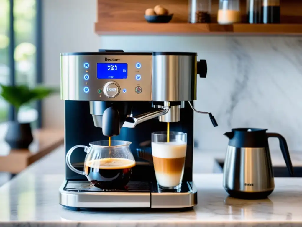 Cafetera automática de alta tecnología en elegante escenario de café Cafetera moderna de café automática en mármol, con vapor y barista experto creando arte en la leche