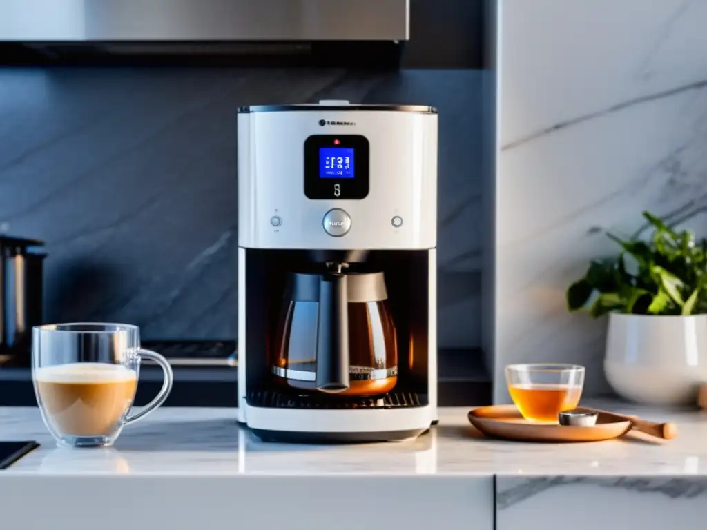 Cafetera de diseño: café puro en taza blanca Una cafetera moderna vierte café en una taza blanca en una cocina brillante