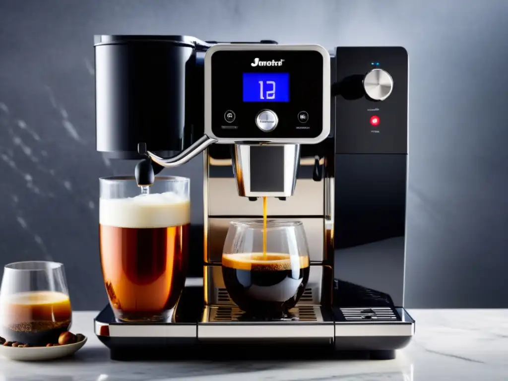 Cafetera moderna de diseño con sistema de filtración avanzado Una cafetera moderna de diseño elegante con filtros avanzados, sobre una encimera de mármol, rodeada de granos de café y vapor