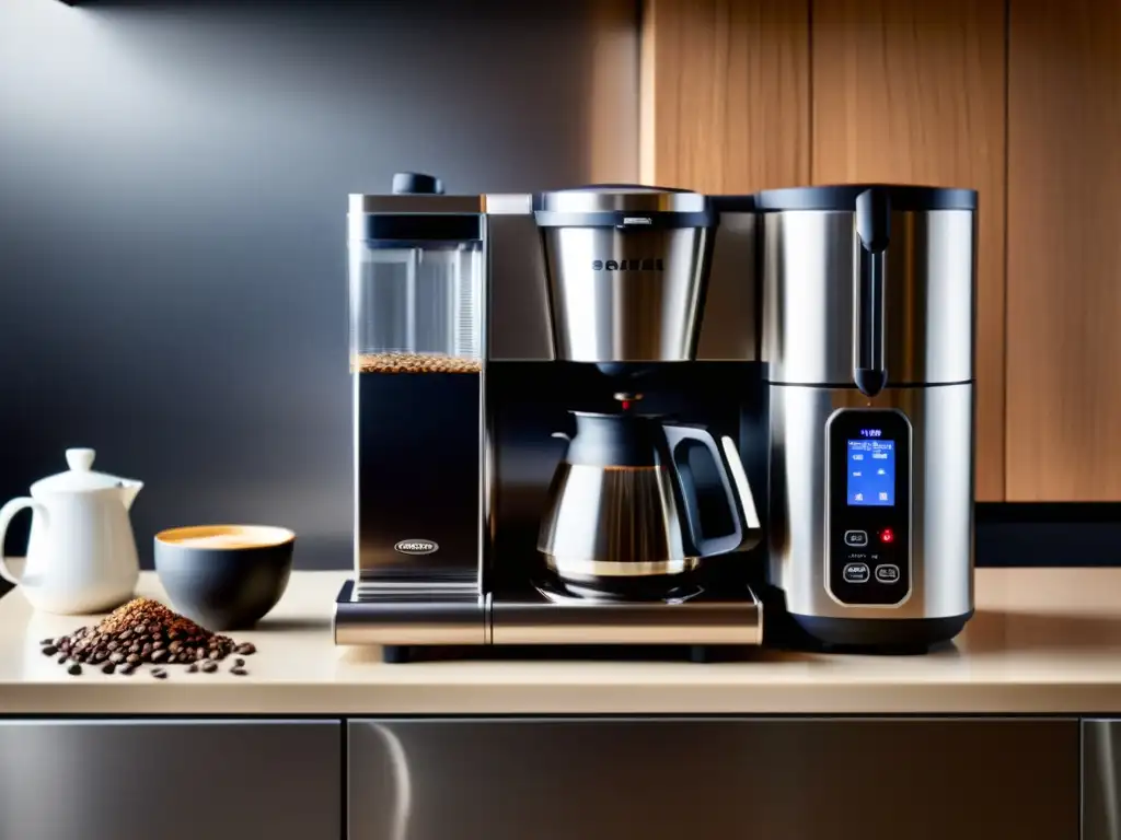Máquina de café de acero inoxidable: sofisticación y placer Una cafetera moderna con filtro avanzado, acero inoxidable pulido, display digital y vapor de café recién hecho