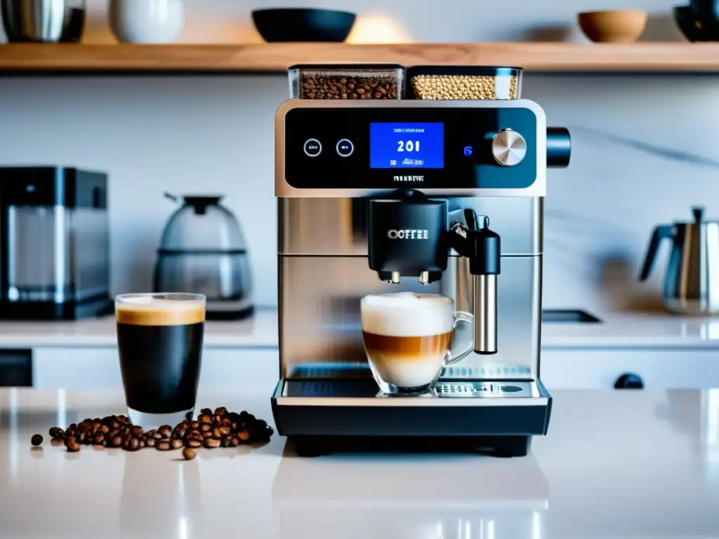 Una cafetera moderna personalizada con tecnología innovadora en un elegante entorno hogareño