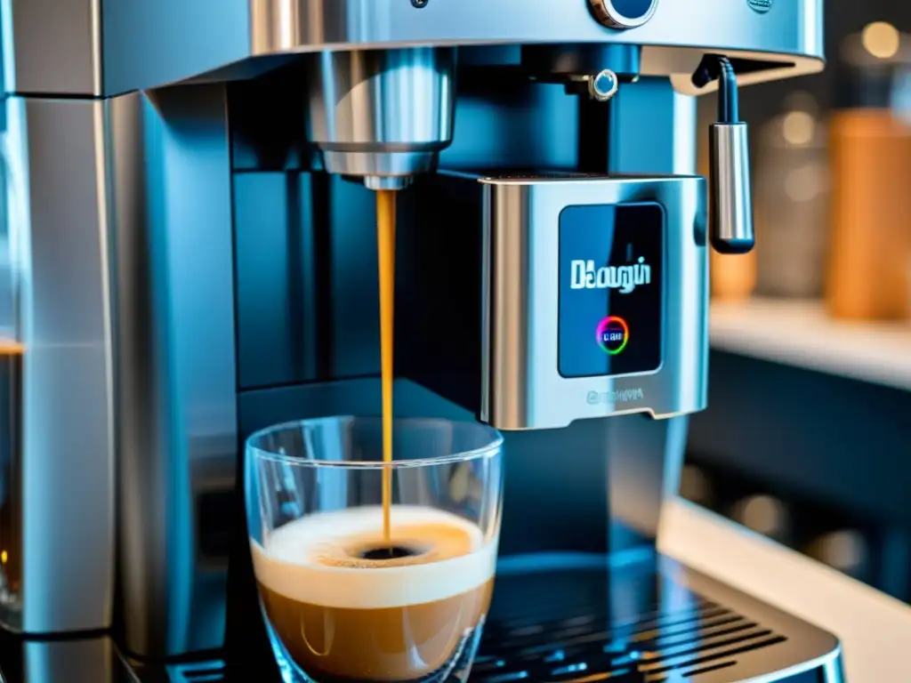 Espresso De'Longhi Dinamica: Elegancia y Tecnología Una cafetera superautomática De'Longhi Dinamica en detalle, exhibiendo su diseño moderno y características avanzadas