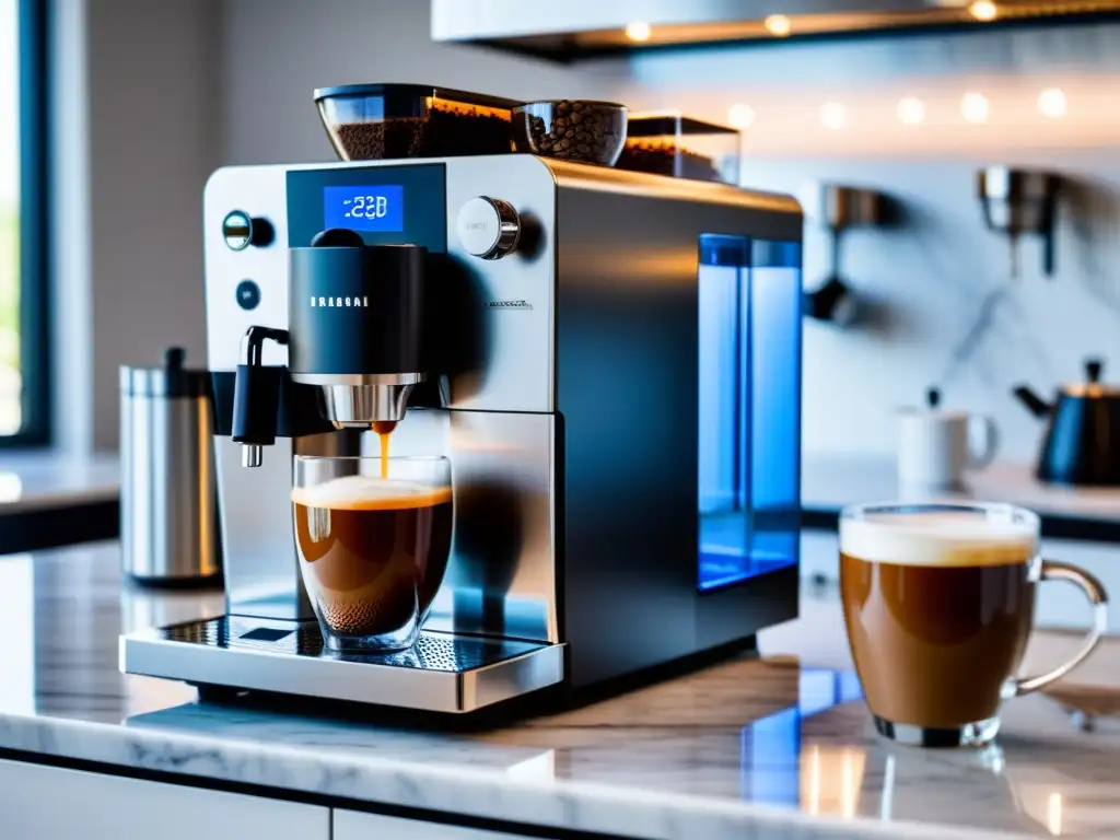 Máquina de café de alta tecnología en encimera de mármol blanco Cafeteras de alta tecnología: Máquina de café moderna con pantalla táctil, luces LED y detalles de acero inoxidable en encimera de mármol blanco, rodeada de tazas artesanales y granos de café