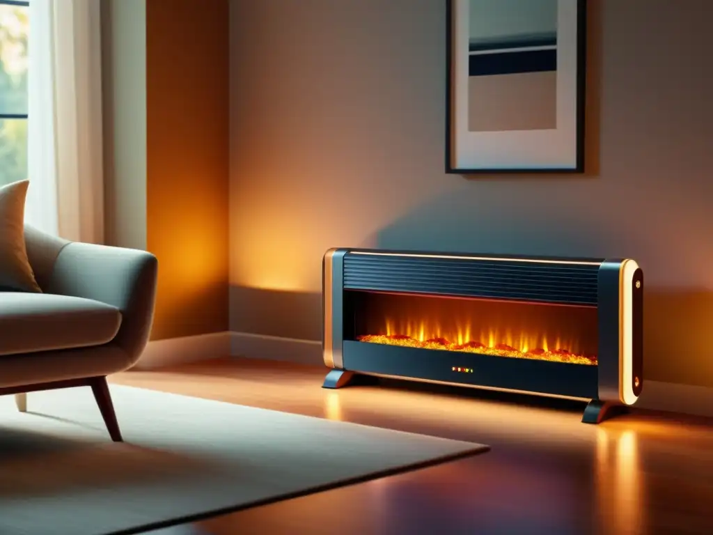 Calidez moderna: Calefactor eléctrico en sala acogedora Calidez y modernidad en sala con calefactor eléctrico vs estufa de gas